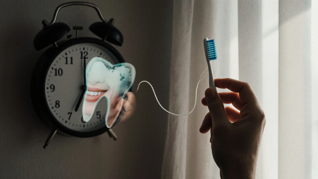 Ruce držící kartáček a nit vedle hodin ukazujících noční hodinu, s průhledným obrazem rozpadajícího se zubu.