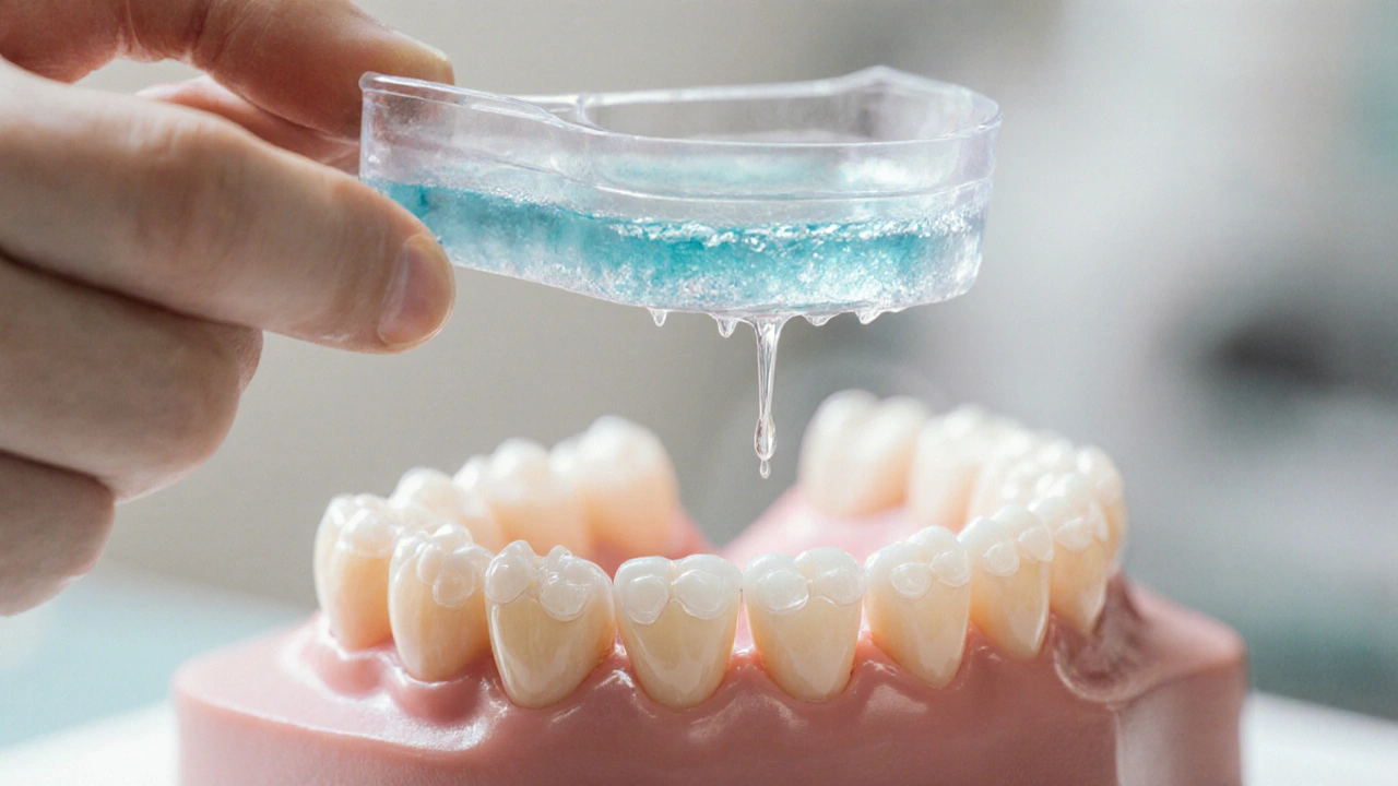 Rukou držená dentalní forma s gelovým odtiskem zubů s viditelnými keramickými závěsy.