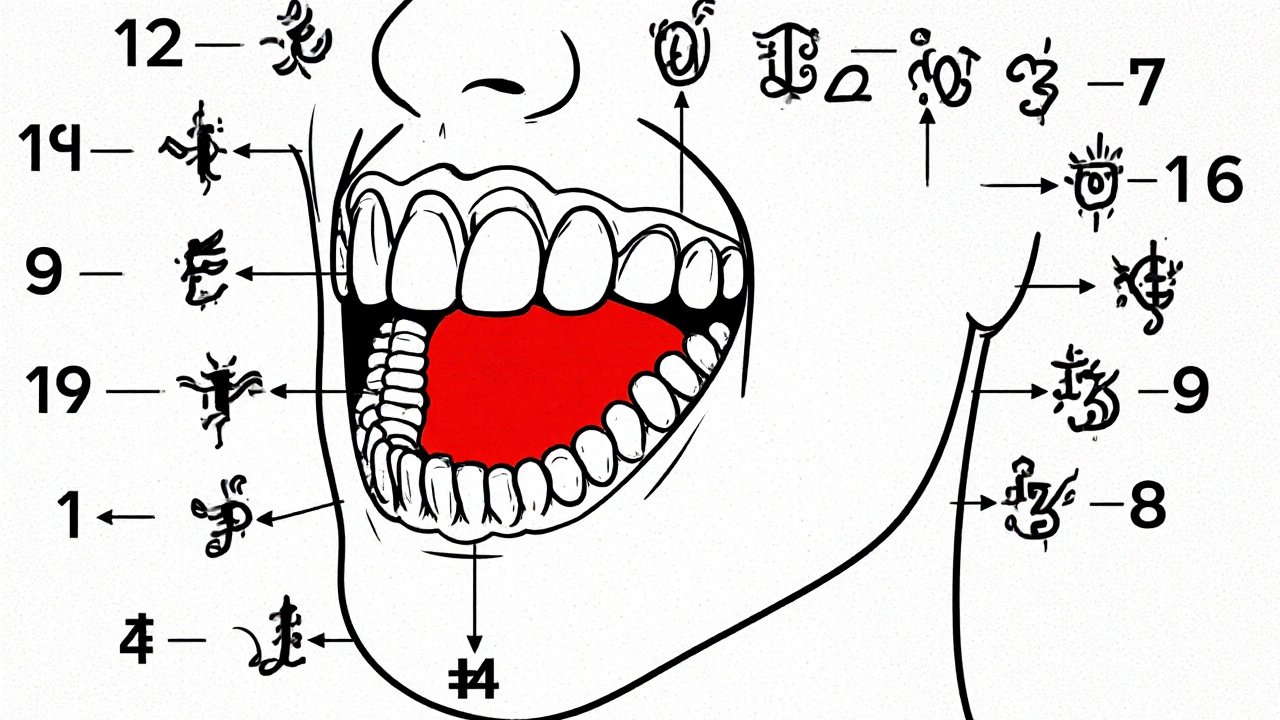 Schéma zubního číslování FDI s označeným zubem 14 v horní pravé čelisti.