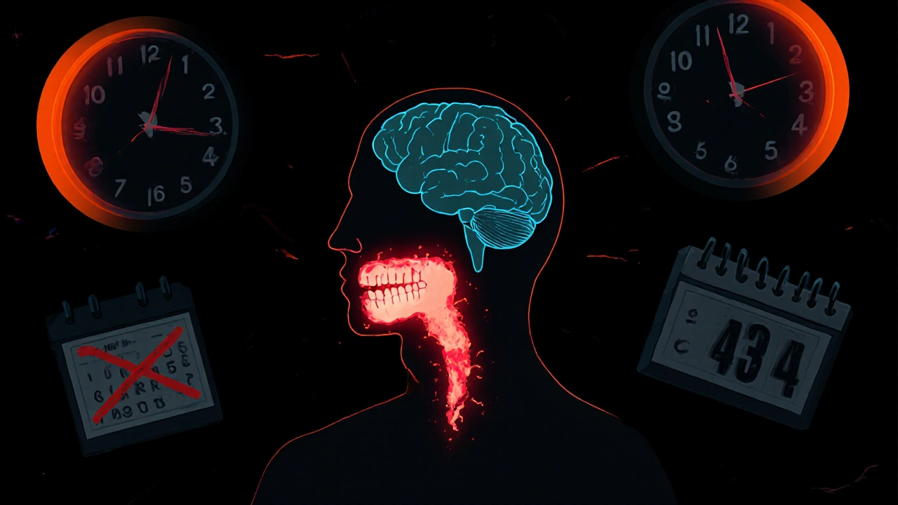 Schematický obrázek infekce zubu šířící se do čelisti a mozku, symbolické červené světlo, čas a nouzové čísla kolem.