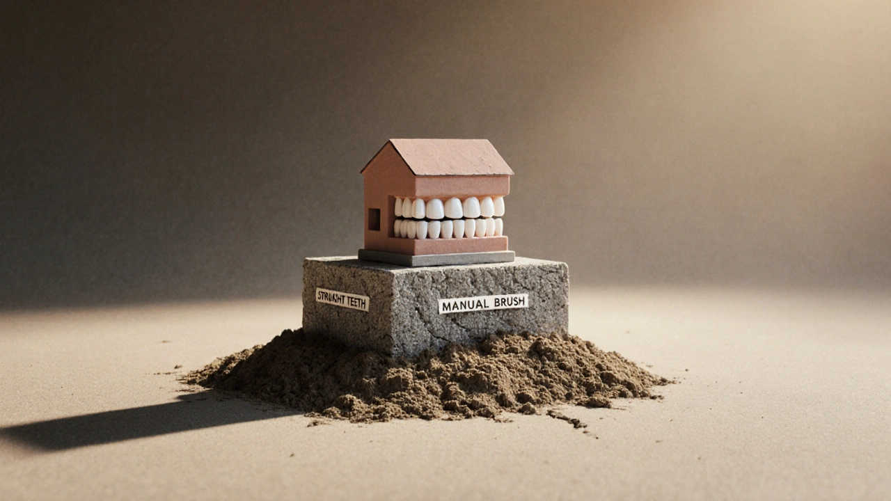 Sonický kartáček jako základ udržující rovné zuby, proti nestálému základu ručního kartáčku.