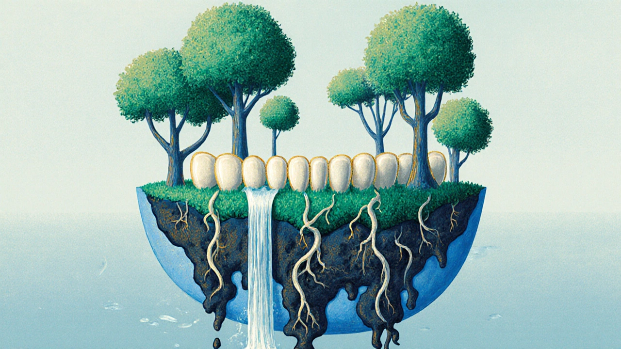 Symbolický obraz zdravého ústního prostředí jako zahrady s kořeny a průtokem fluoridu.