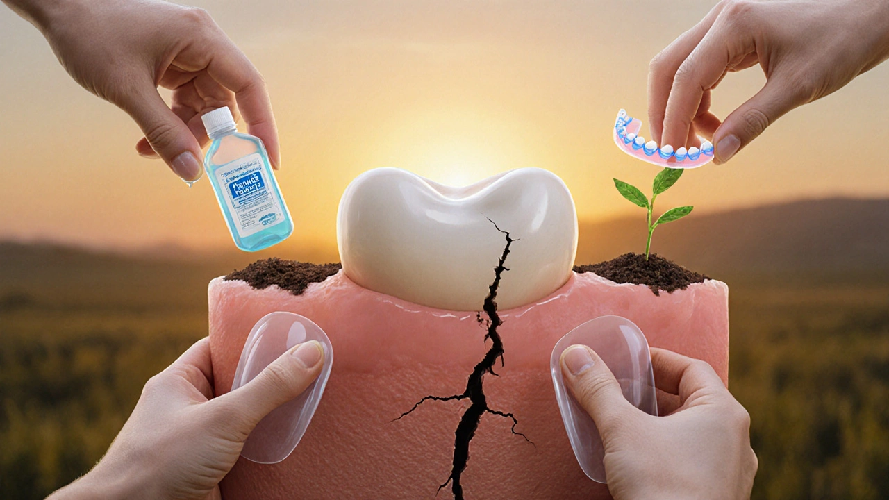 Zdravějící zub s ochrannými prvky a zelení