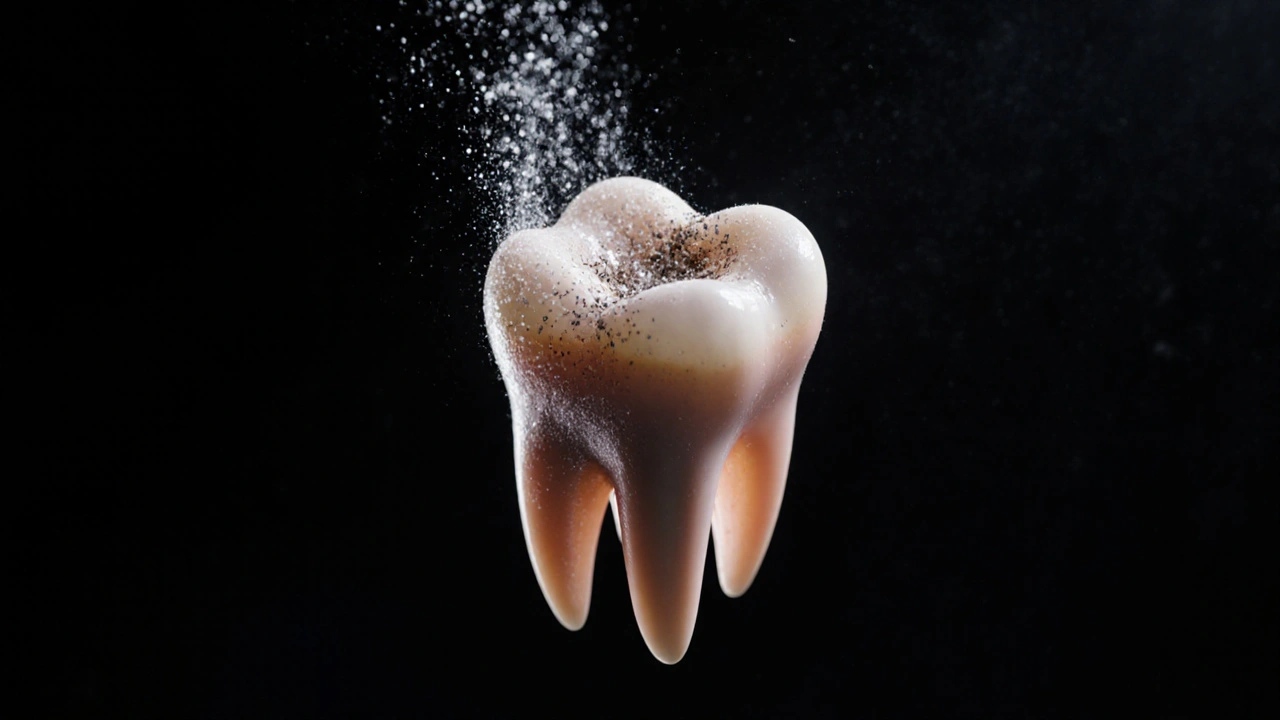 Zub rozdělený na vnitřní bakterie a vnější čištění proudem vzduchu.