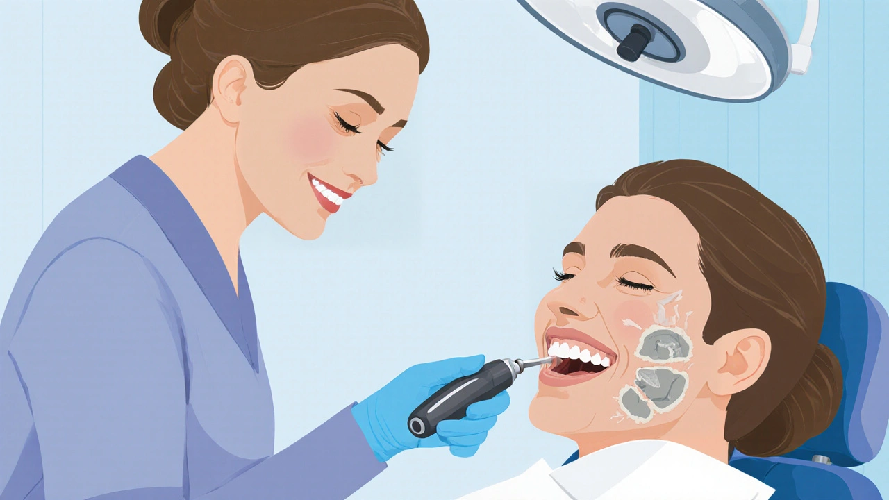 Zubní hygienička odstraňuje kameny zubů pomocí ultrazvukového nástroje v klinice.