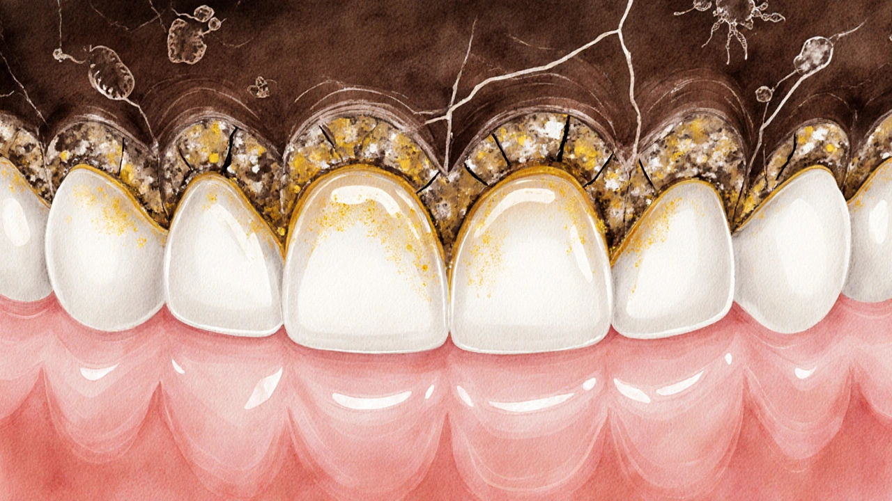 Zubní kámen jako kamenný povlak na dásních v kontrastu se zdravými zuby.