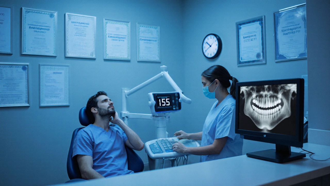 Zubní klinika večer, pacient při panoramatickém rentgenu, na telefonu číslo 155, hodiny ukazují pozdní hodinu.