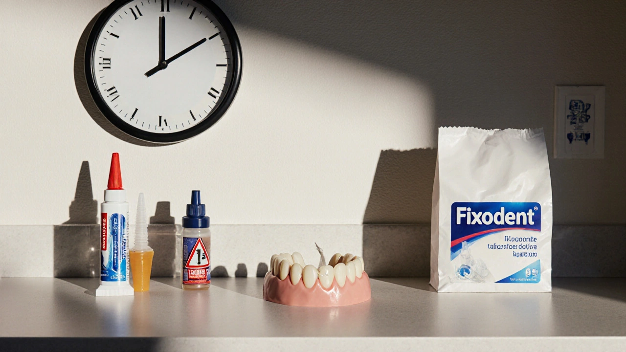 Zubní korunka vedle nebezpečných lepidel, zatímco bezpečné řešení je v lékárně.