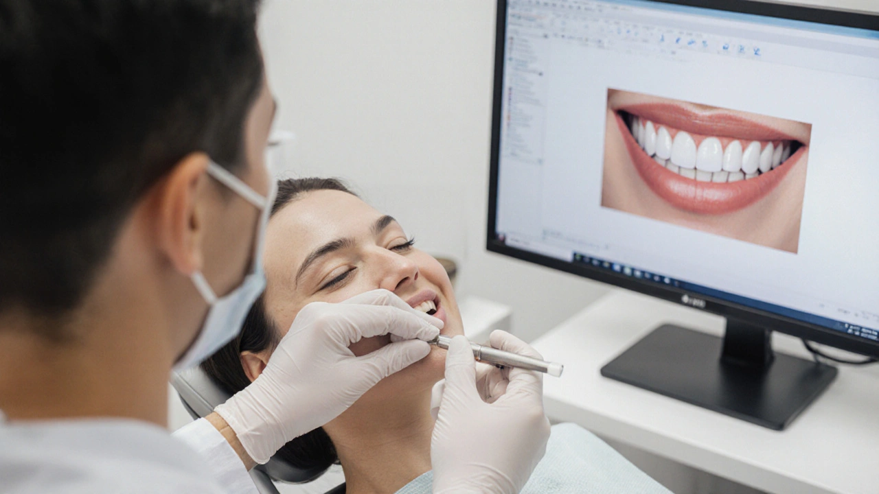 Zubní lékař přilepuje keramickou fazetu na zub v moderní zubní klinice.