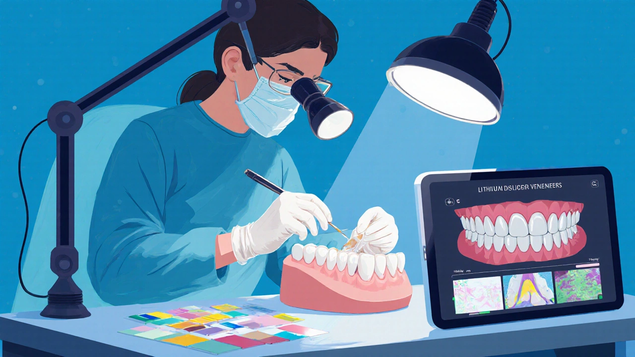 Zubní technik v laboratoři dokončuje keramické fazety pod lůžkem.