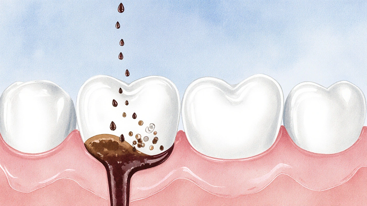 Zvětšený pohled na zubní sklovinku s mikropóry, do kterých vstřikují barviva z kávy a vína.