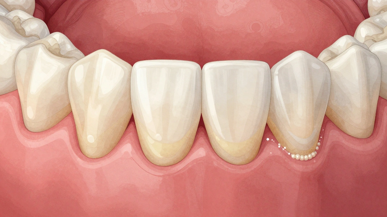 Blízký pohled na zuby s vrstvami skloviny a dentinu, s plakem a zubním kamenem.