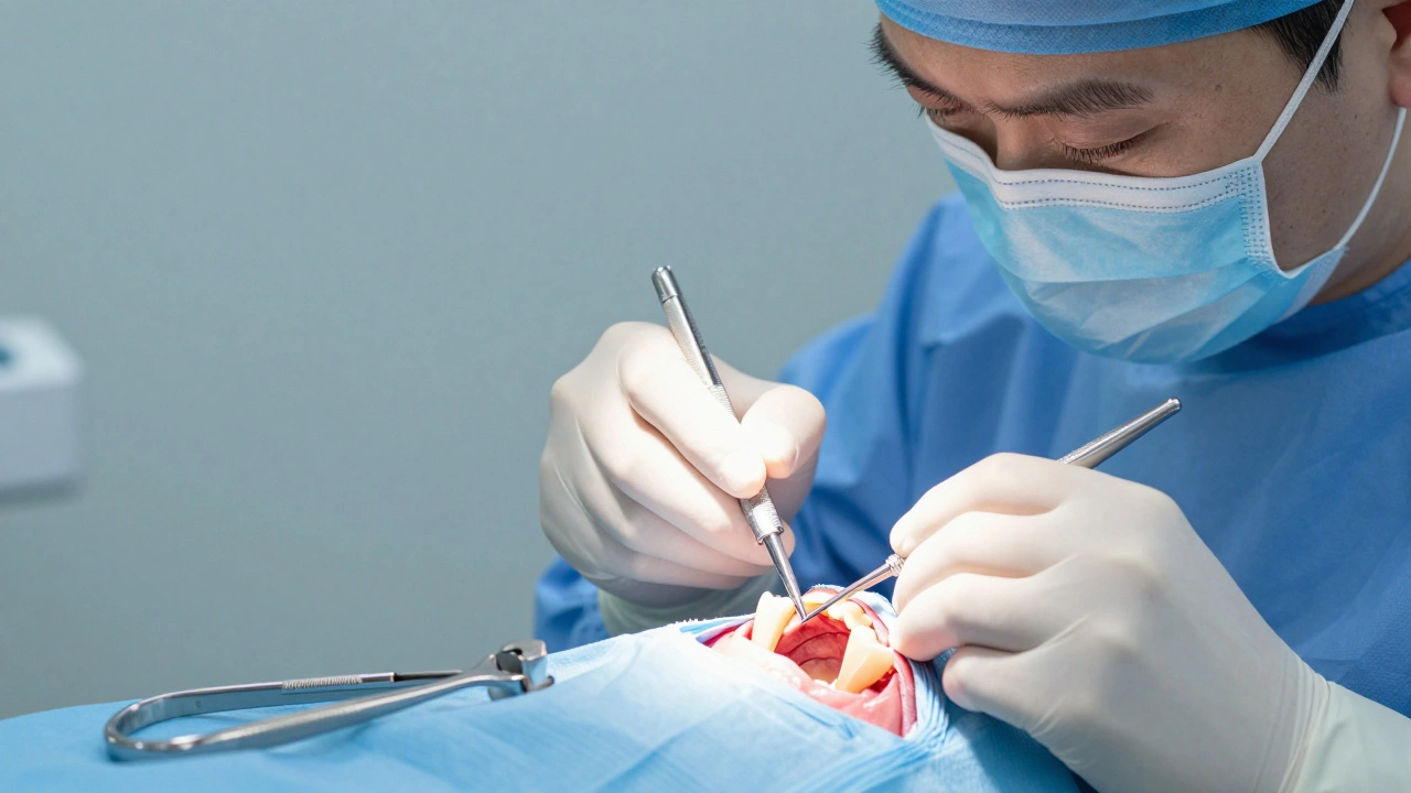 Chirurgická extrakce osmáčku s řezem v dásni a částečně viditelným zubem pod dásní.