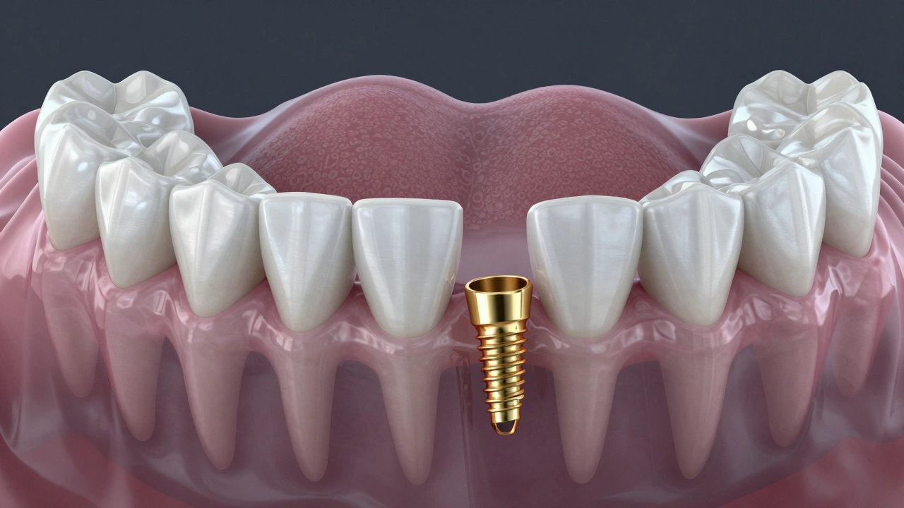 Chybějící zub a posunuté sousední zuby s implantátem v zubní čelisti