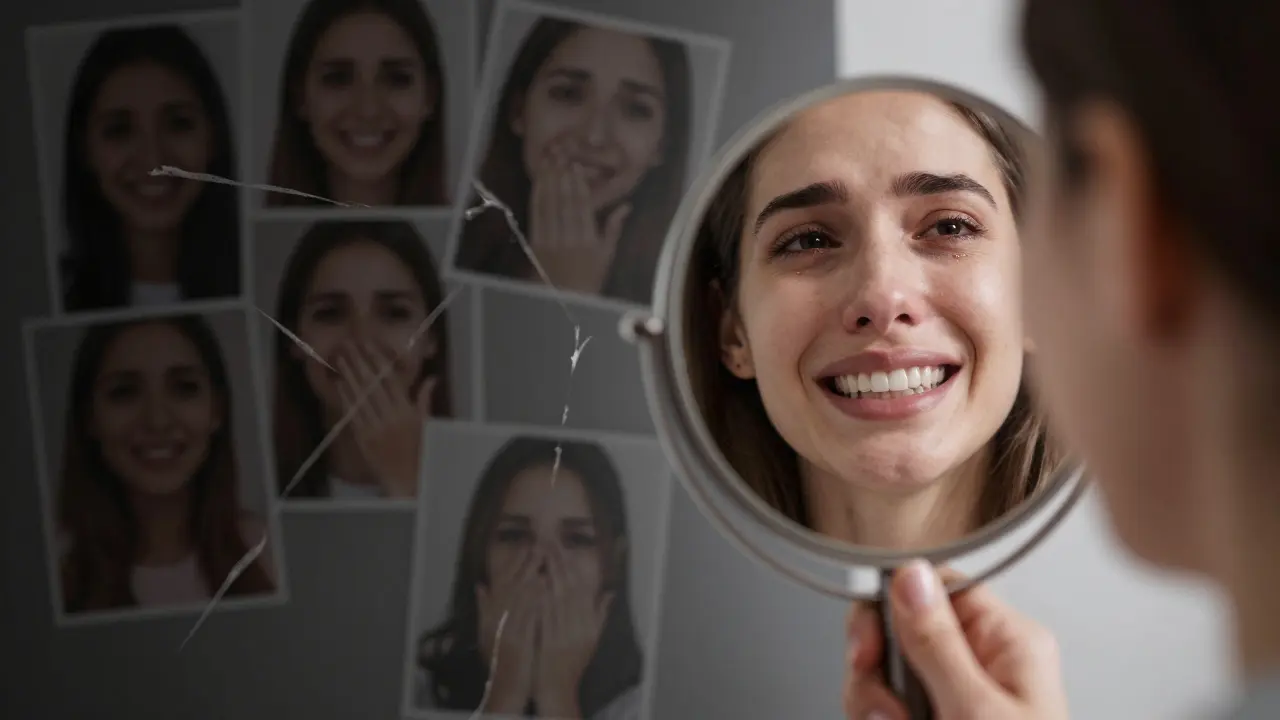 Člověk se dívá do zrcadla s emocionální reakcí na výsledek fazet.