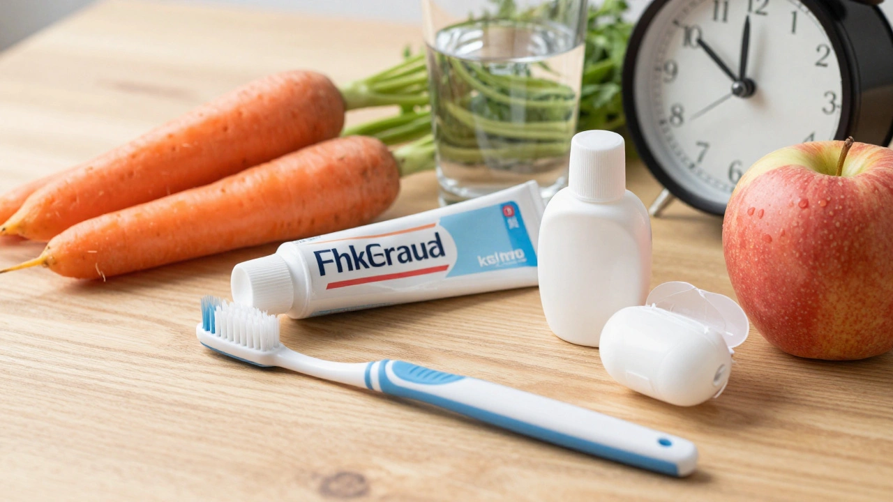 Denní hygiena úst: kartáček, nit, zubní pasta a zdravé potraviny na dřevěné ploše.