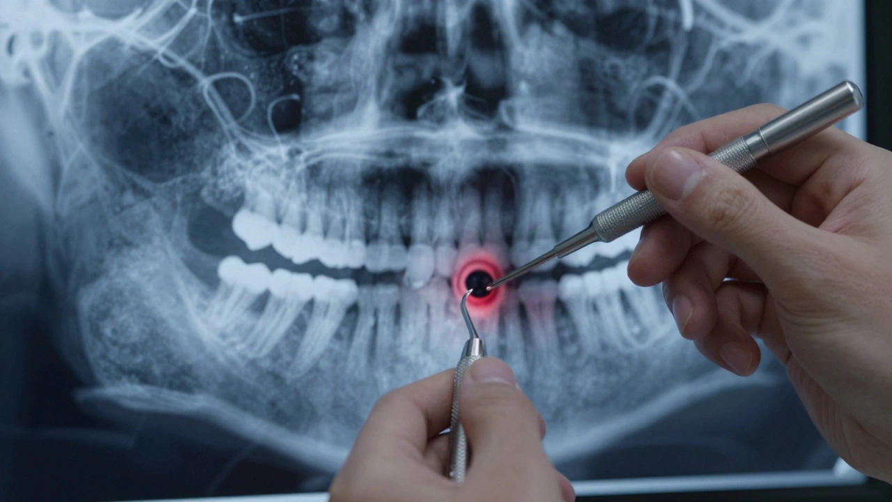 Dentální sonda měří hloubku kapsy mezi zubem a dásní, viditelná ztráta kosti na rentgenovém překryvu.