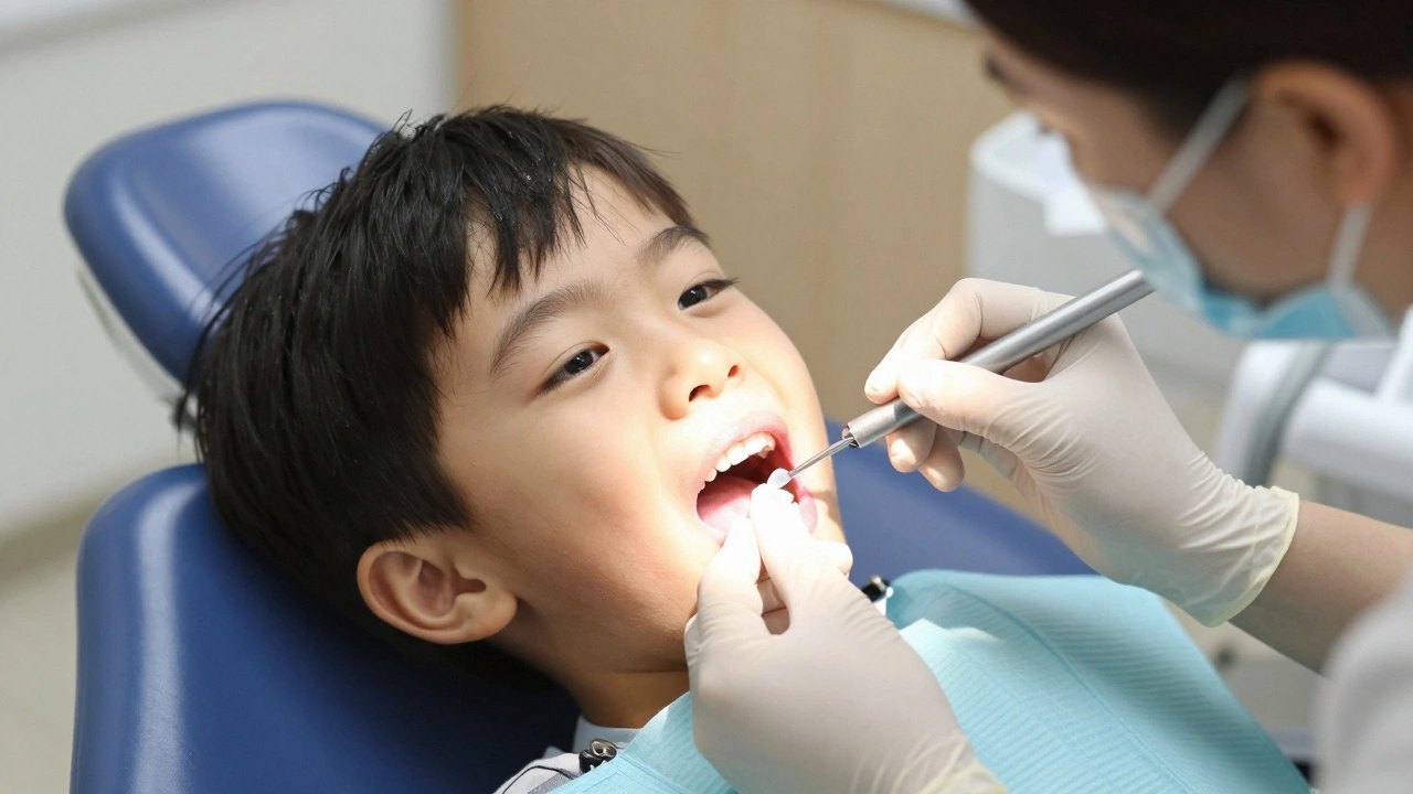 Dentista aplikuje skloionomerní plombu na mléčný zub dítěte v ordinaci.