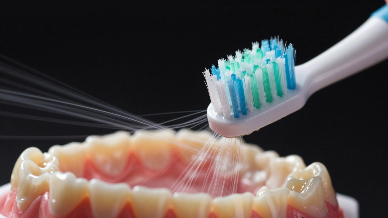 Detail sonického kartáčku odstraňujícího plak kolem keramických zámků.