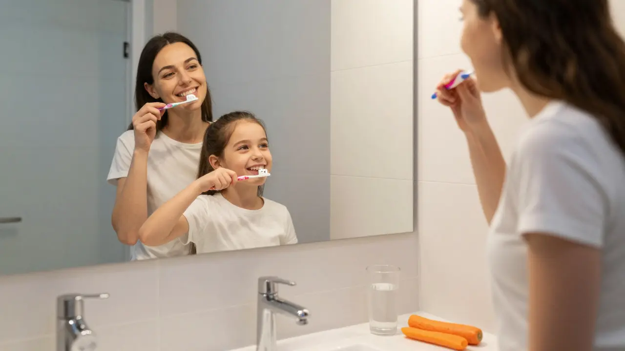 Dítě čistí zuby se svou matkou v koupelně, obě šťastné, na stole mrkev a sklenice vody.