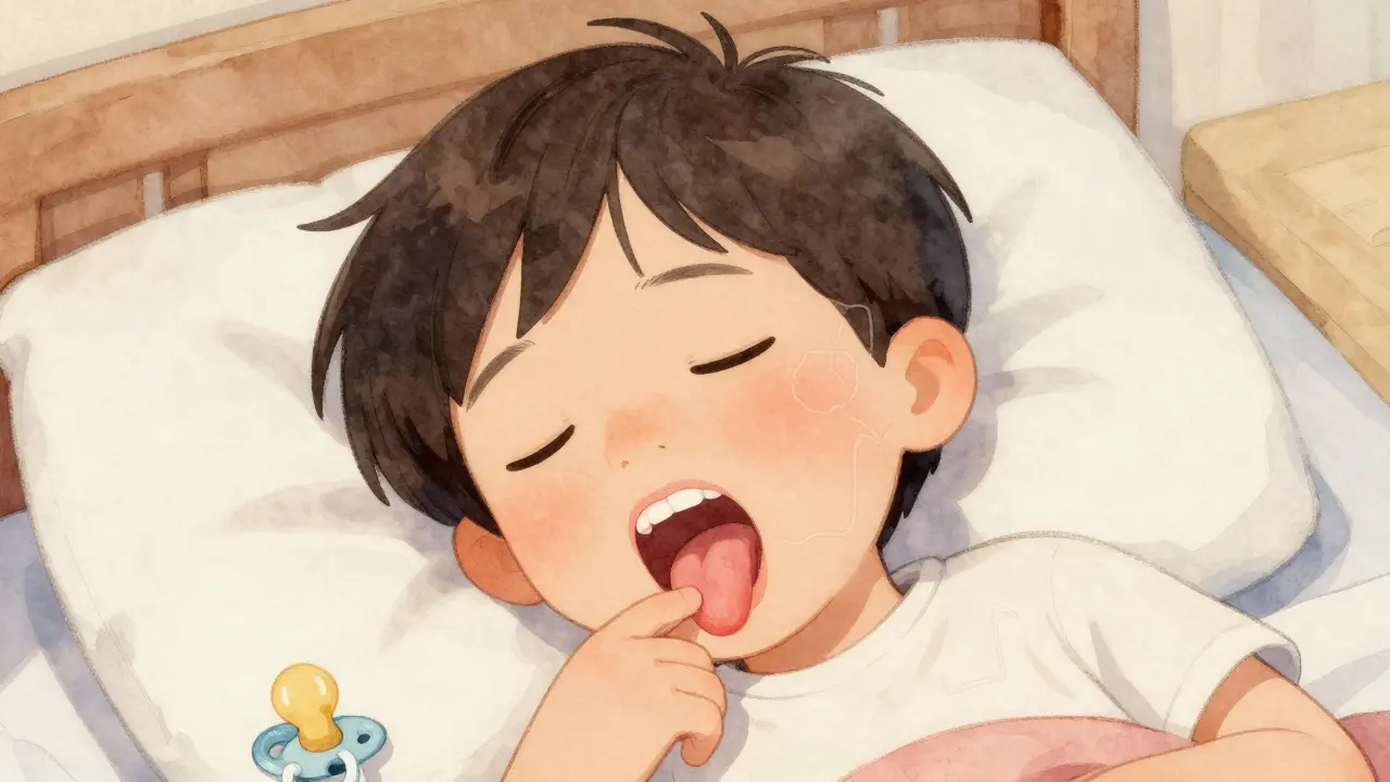 Dítě dýchající ústy ve spánku, s nesprávně umístěným jazykem a výrazně vyvinutou horní čelistí.