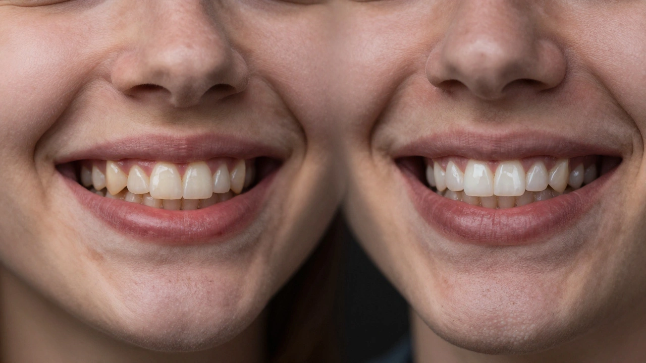 Dva úsměvy: jedny zuby přirozeně žluté, druhé s nevystihujícími plombami.