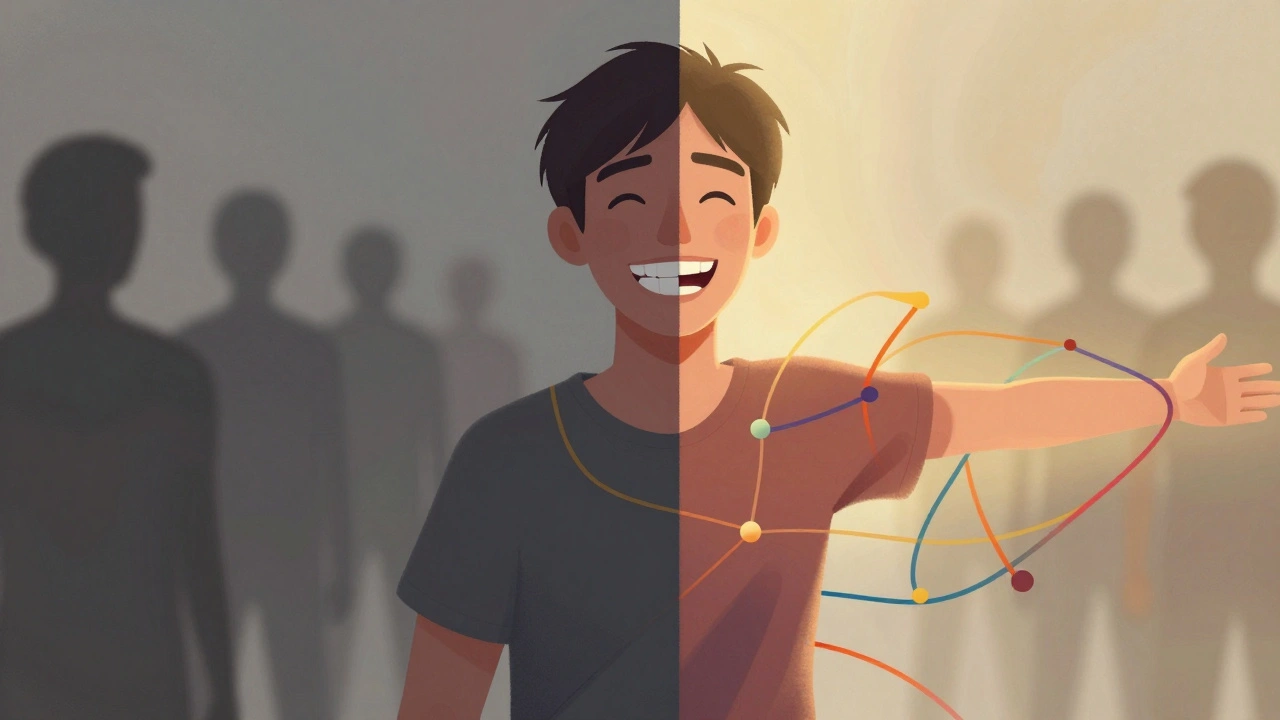 Dvě strany jedné osoby: jedna se směje otevřeně, druhá se skrývá ve stínu.