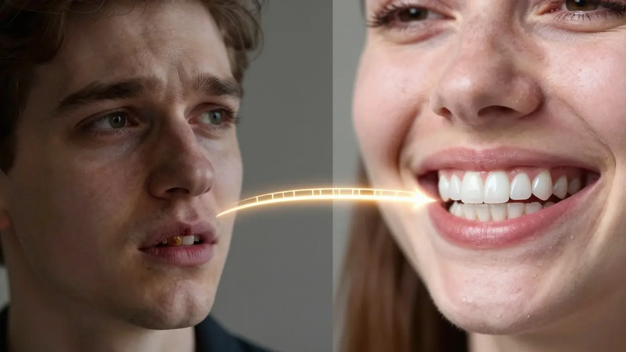 Dvě strany jednoho člověka: před a po estetických fazetách.