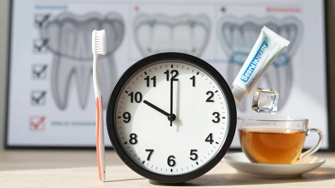 Hodiny ukazující 3 dny s symboly péče o citlivé zuby po broušení.