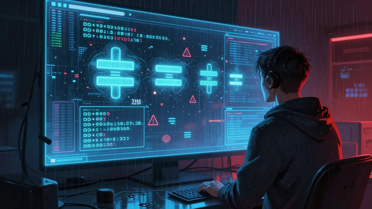 Holografický kód s neviditelnými rovnítky jako stínové glyphy v cyberpunk prostředí.