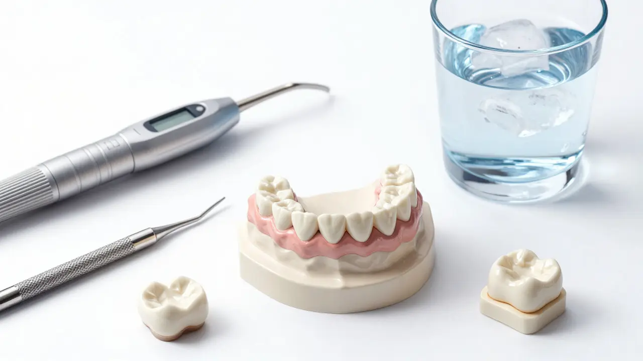 Keramická korunka je přesně umístěna na zubním modelu s dentálními nástroji.