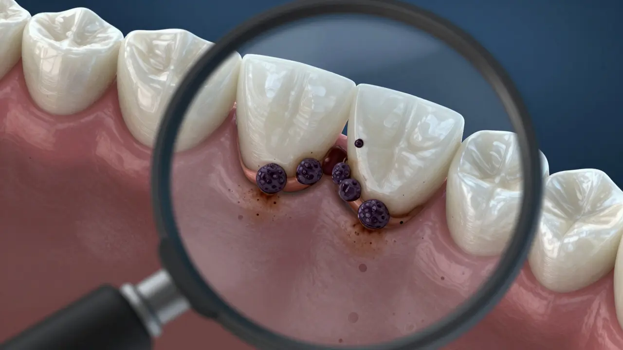 Mikroskopický pohled na plak a barviva zadržená v povrchu keramických rovnátek.