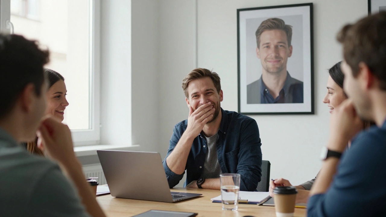 Muž se směje na pracovišti s otevřeným úsměvem, kolegové reagují pozitivně.