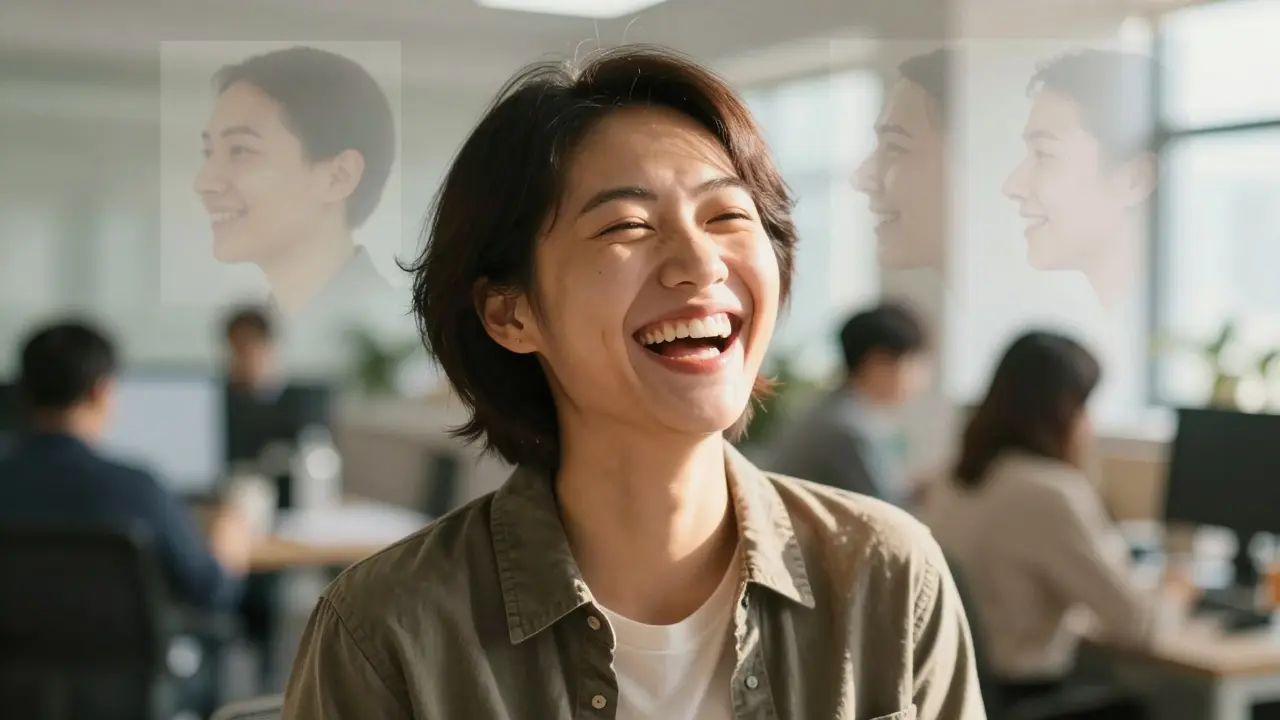 Muž se směje v kanceláři s přirozeným úsměvem po výměně zubů.