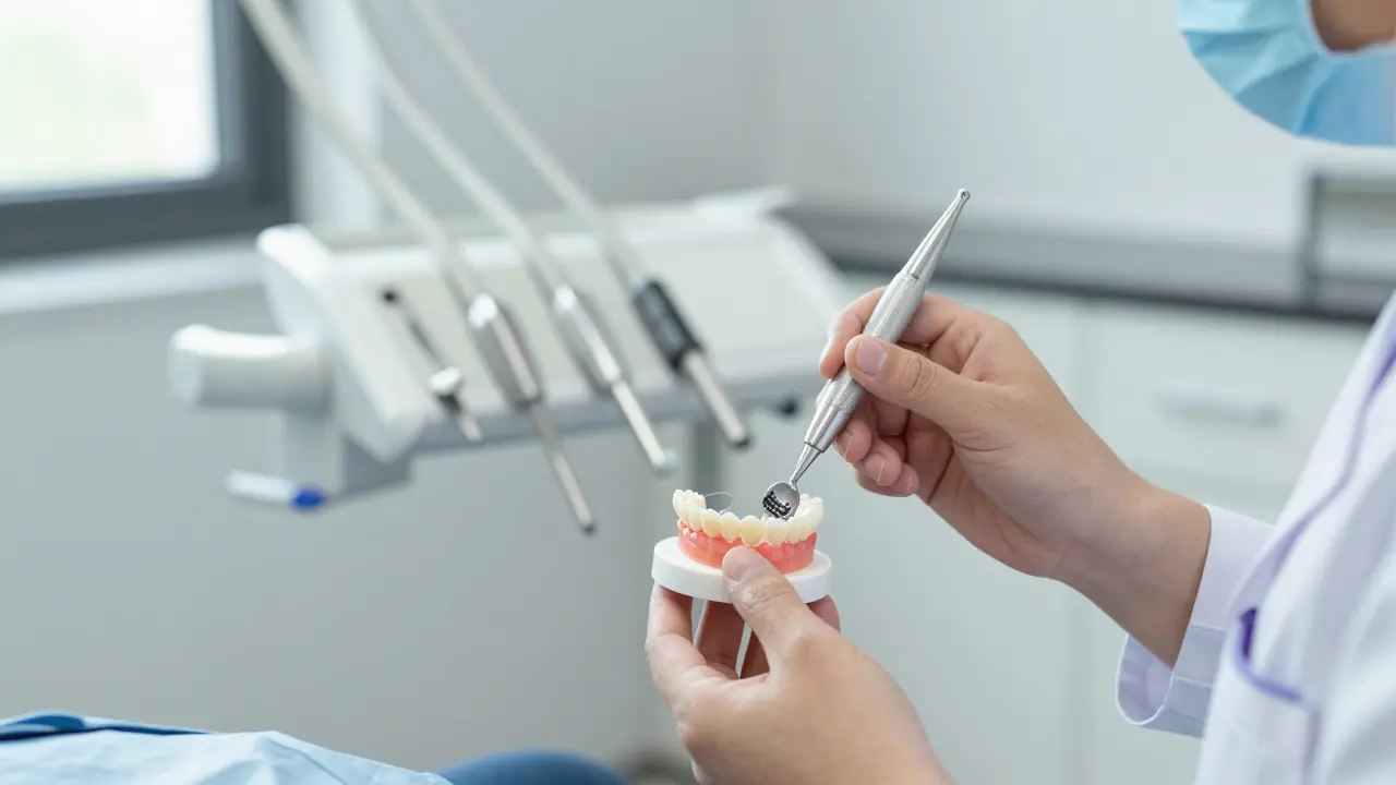 Ortodont poléruje keramické rovnátko profesionálním nástrojem v klinice.