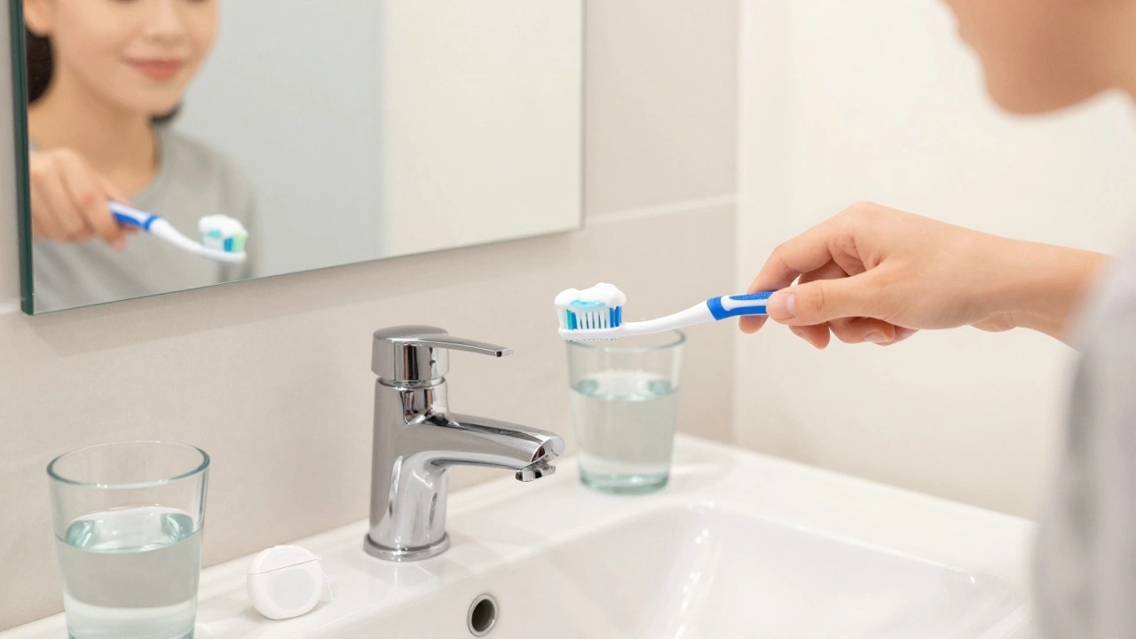Osoba čistí si zuby správně s fluoridovou pastou a vodou.