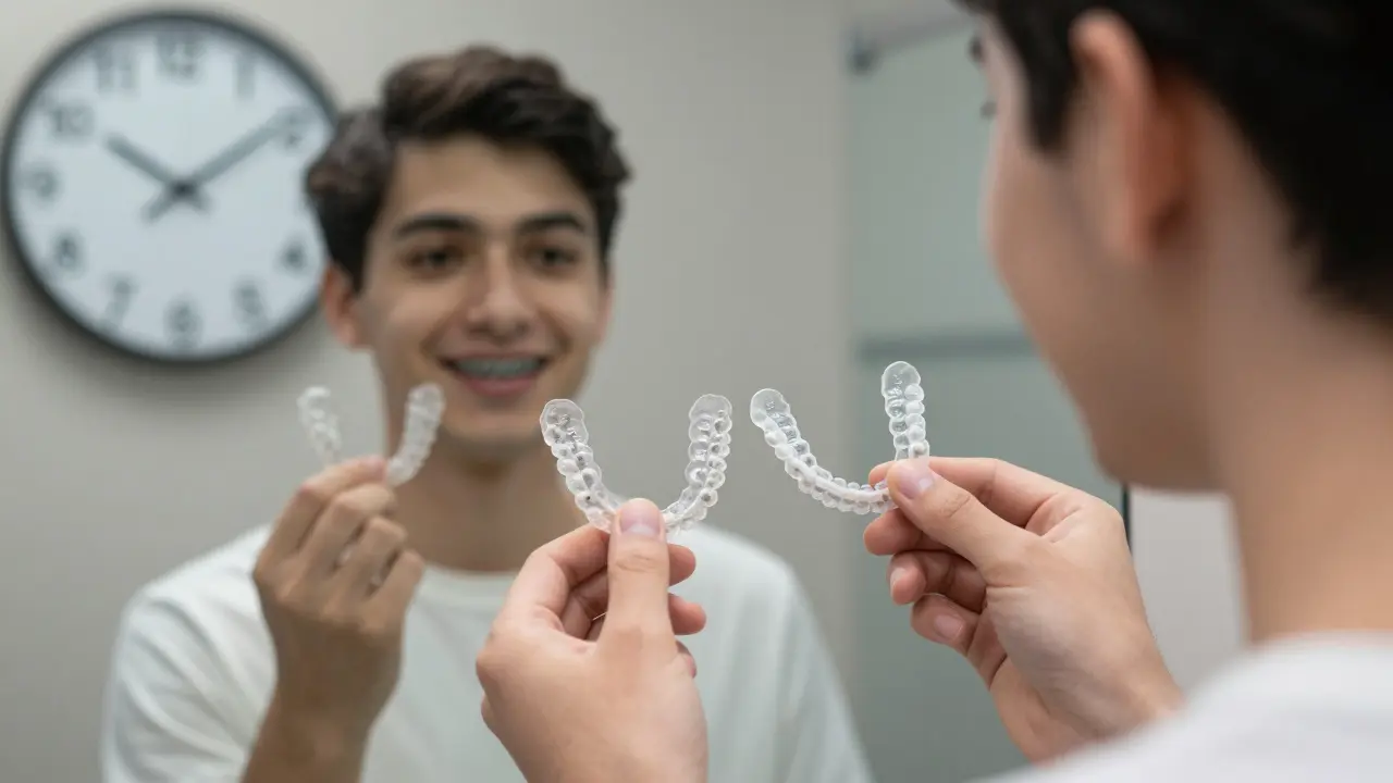 Osoba drží retenční držáky, zrcadlo ukazuje minulost s rovnátky a čas uplynulý.