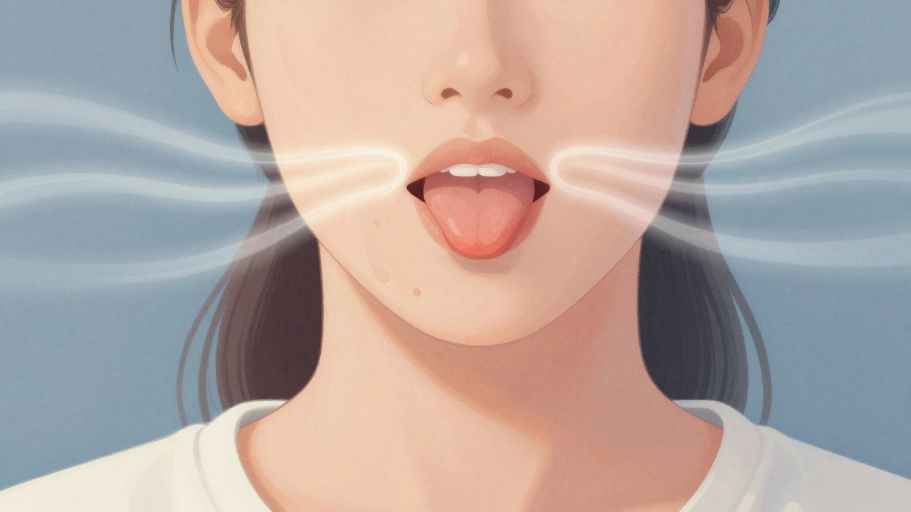 Osoba s jazykem přitlačeným k horní čelisti při nosním dýchání