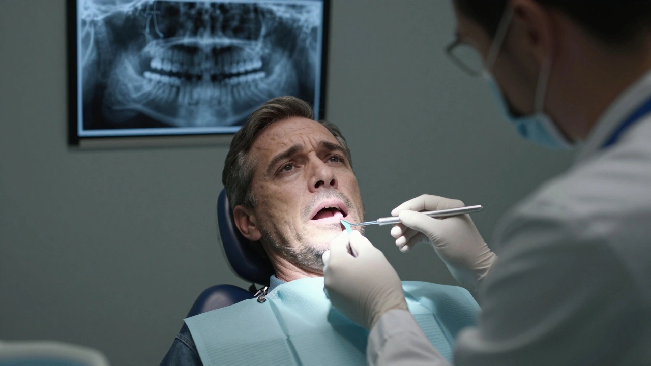 Pacient v zubní klinice s lékařem, který měří hloubku dásňových kapslí.