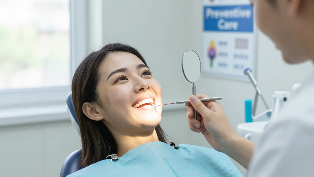 Pacientka se usmívá po odstranění zubního kamene s jasnějšími zuby.