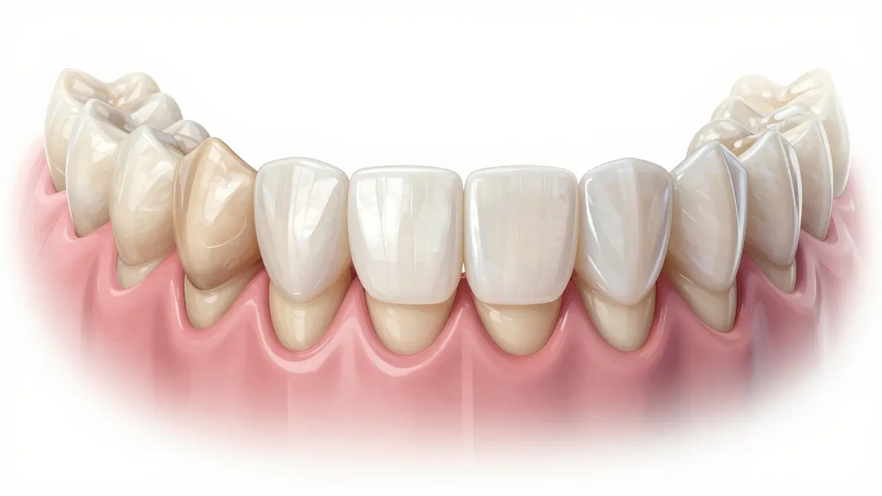 Porovnání poškozených zubů a zubů s keramickými fazetami.