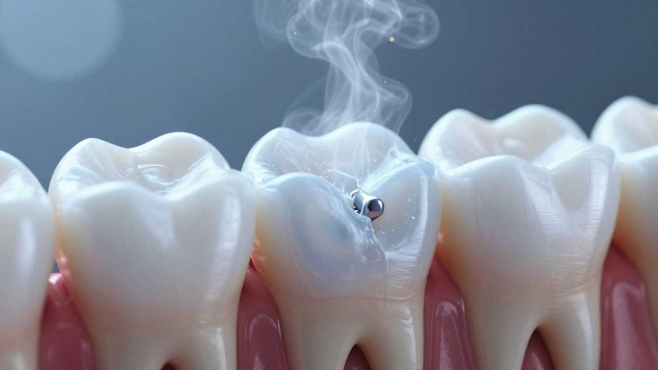 Příčný řez zubem s plombou, která uvolňuje fluorid do okolní tkáně.