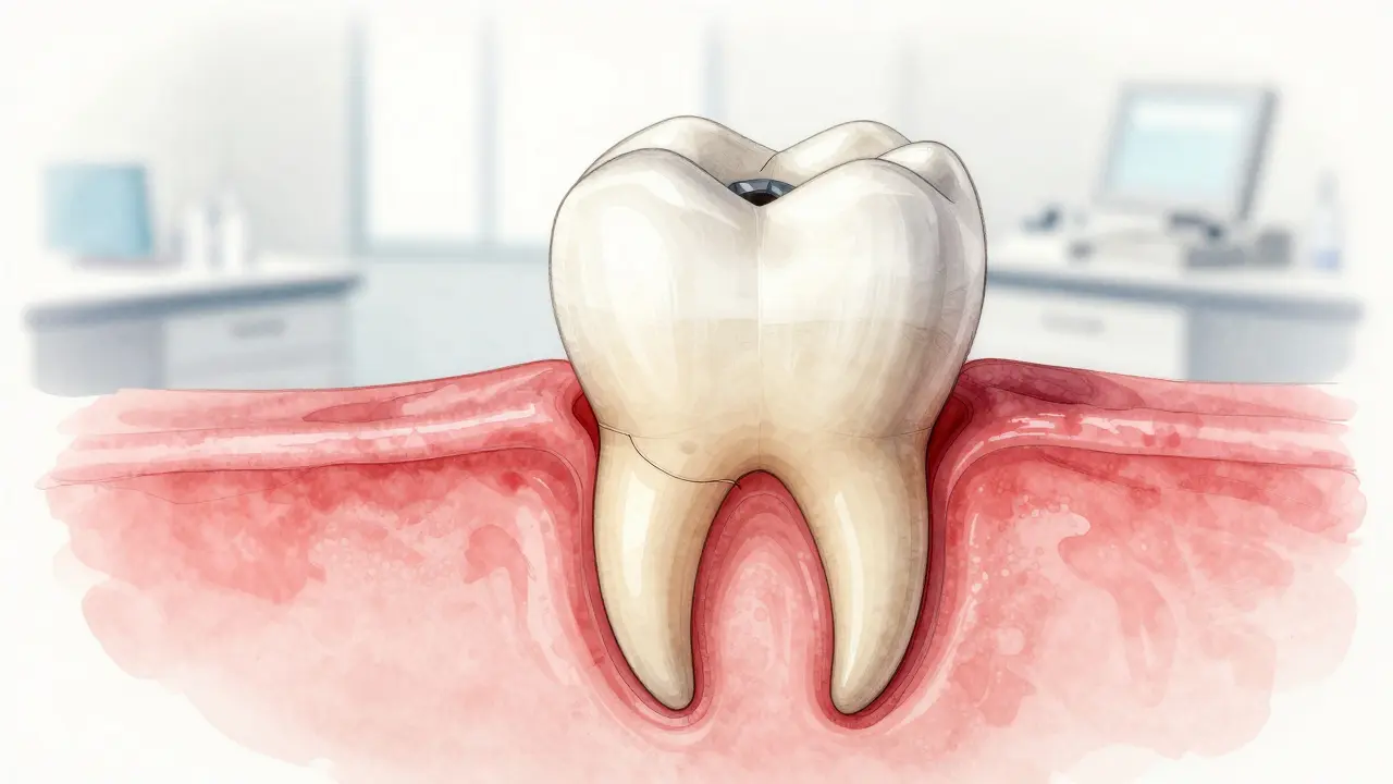 Příčný řez zubem s vystaveným dentinem a zánětem dásně po odstranění kamene.