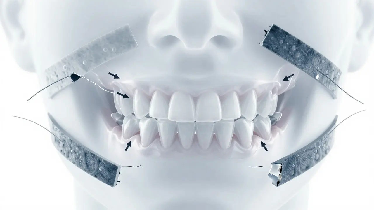 Průhledný náčrt čelisti s pohybem zubů, poškozenými gumkami a plakem.