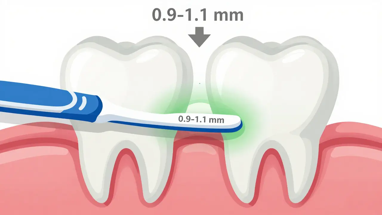 Průřez dvou zubů s mezizubním kartáčkem a odstraněním plaku.
