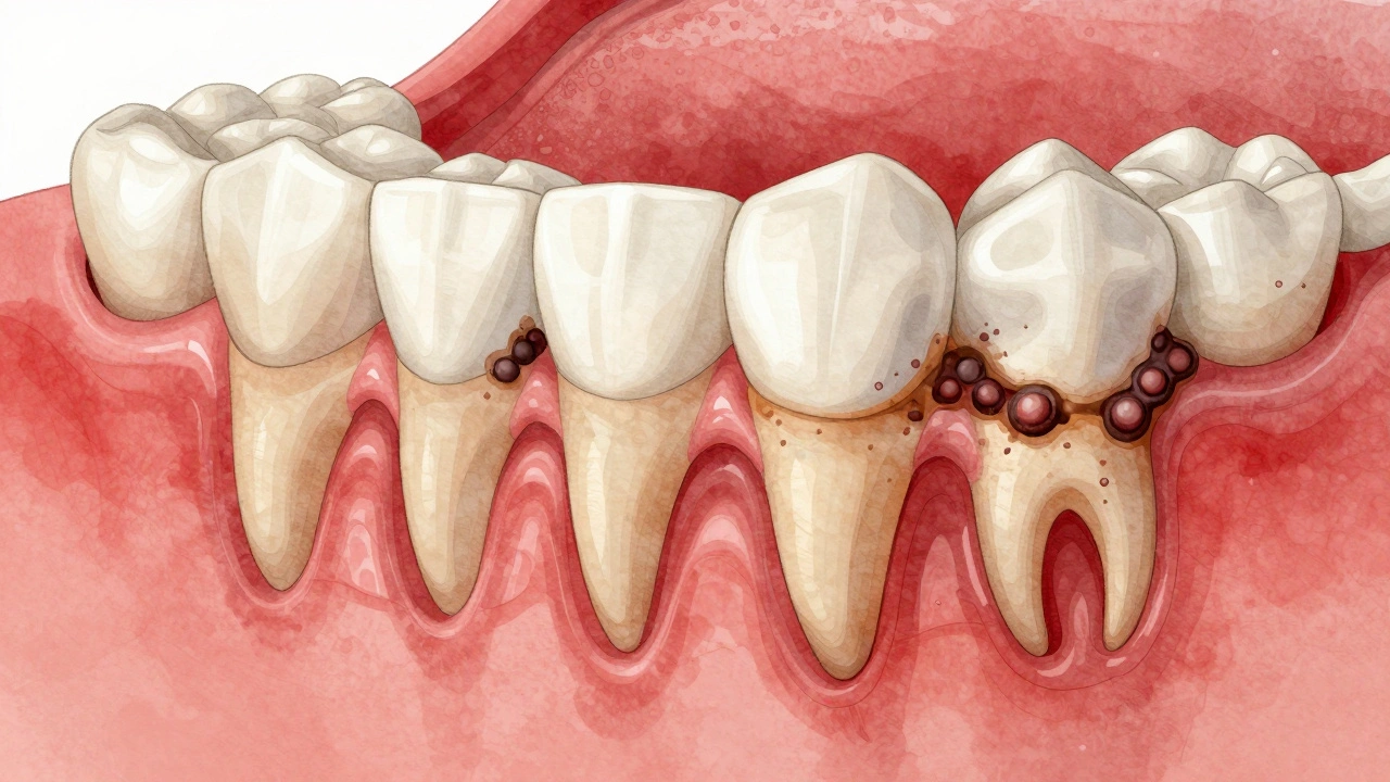 Průřez zubu a dásně s plakem, zubním kamenem a bakteriemi pod dásní.