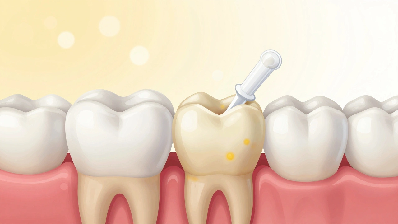 Průřez zubu s bělicím gelem pronikajícím do skloviny.