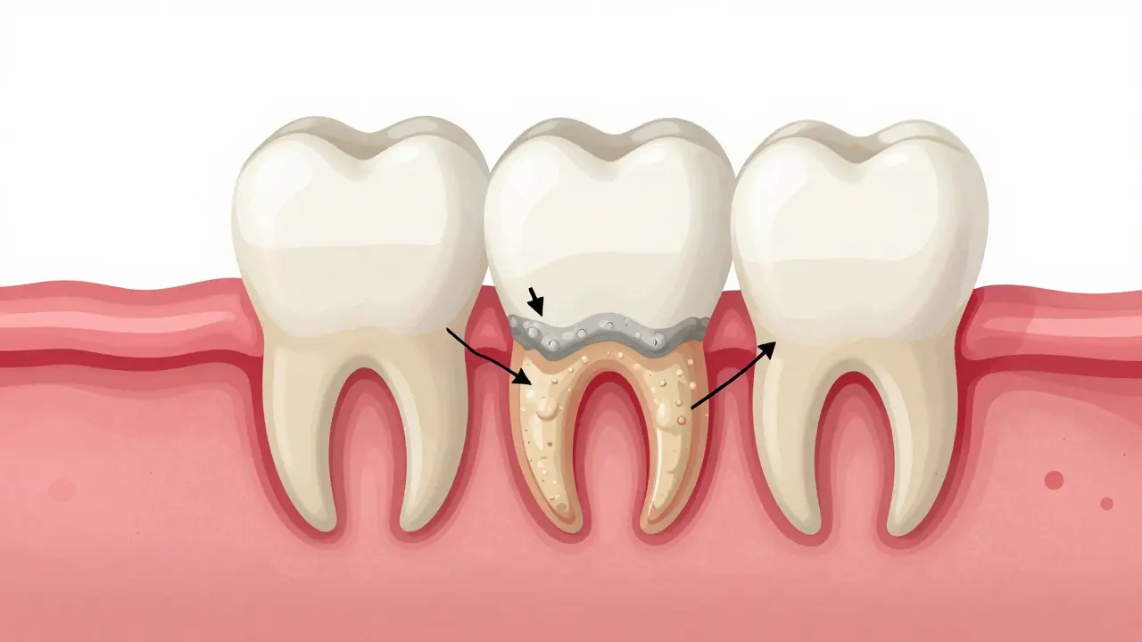 Průřez zubu s hromaděním plaku a zubního kamene pod dásní.