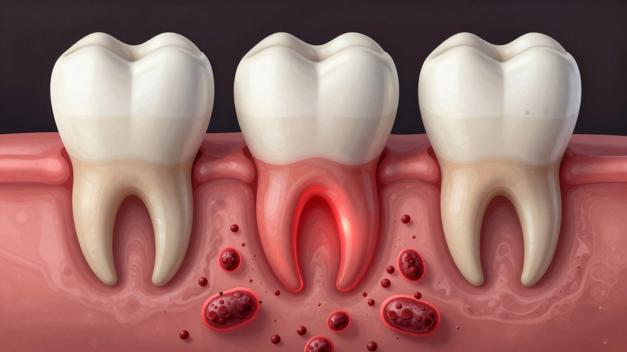 Průřez zubu ukazující postupnou ztrátu kosti pod dásní.