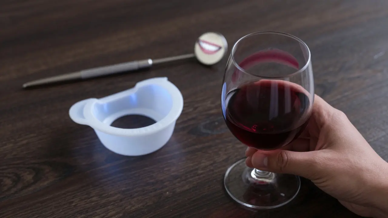 Ruka drží sklenici červeného vína vedle nápravků na bělení zubů, v pozadí odraz úsměvu.